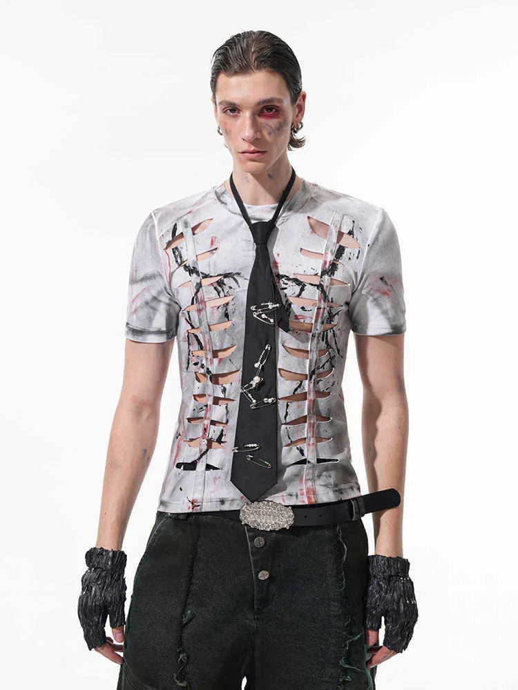 Men's white cotton t-shirt with hollow-out cut design, short sleeves, and tight fit on Asian sizing mannequin