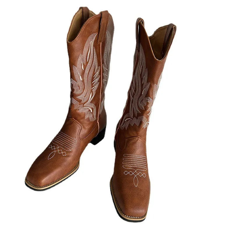 Brown women's embroidered mid-calf Martin boots with leather lining and rubber sole