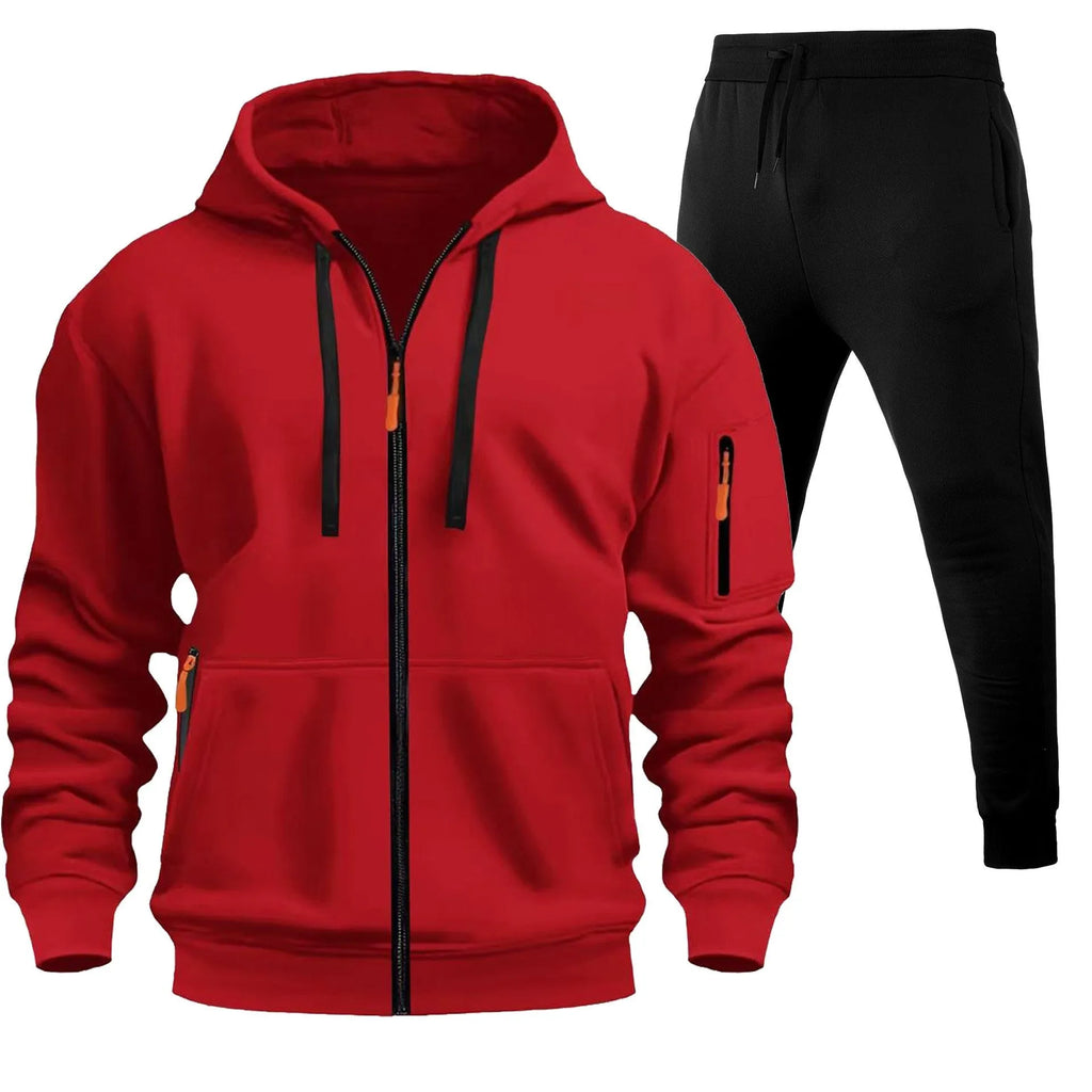 Men's zip-up hoodie set with multiple pockets and wool lining in camel colour