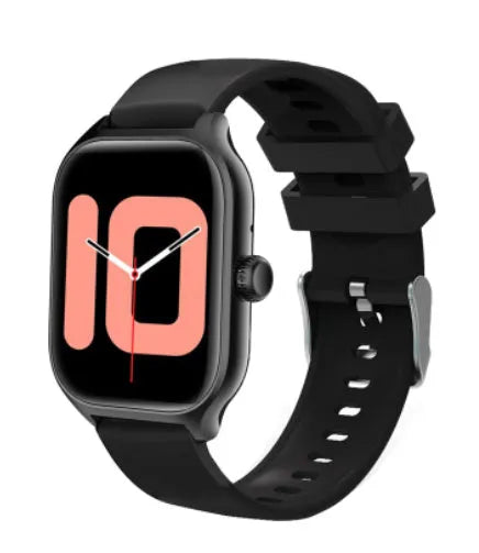 Black Bluetooth smart watch with full touch screen and silicone strap on a wrist
