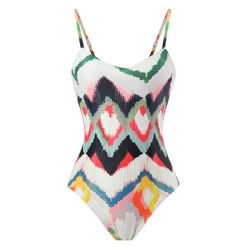Women's two-piece swimsuit set with striped hip skirt in quick-drying polyester fabric.