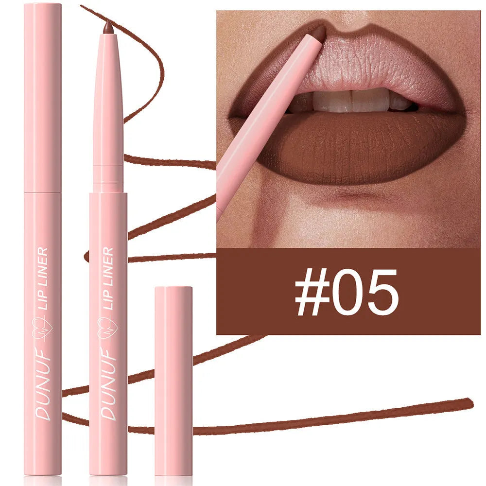 Velvet matte lip liner pencil in a choice of 12 colours for easy application.