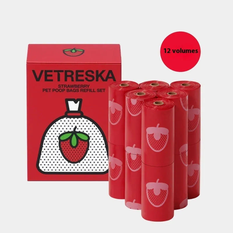 Dog waste bag dispenser capsule with a roll of scented bags in strawberry, orange, or cherry blossom design.