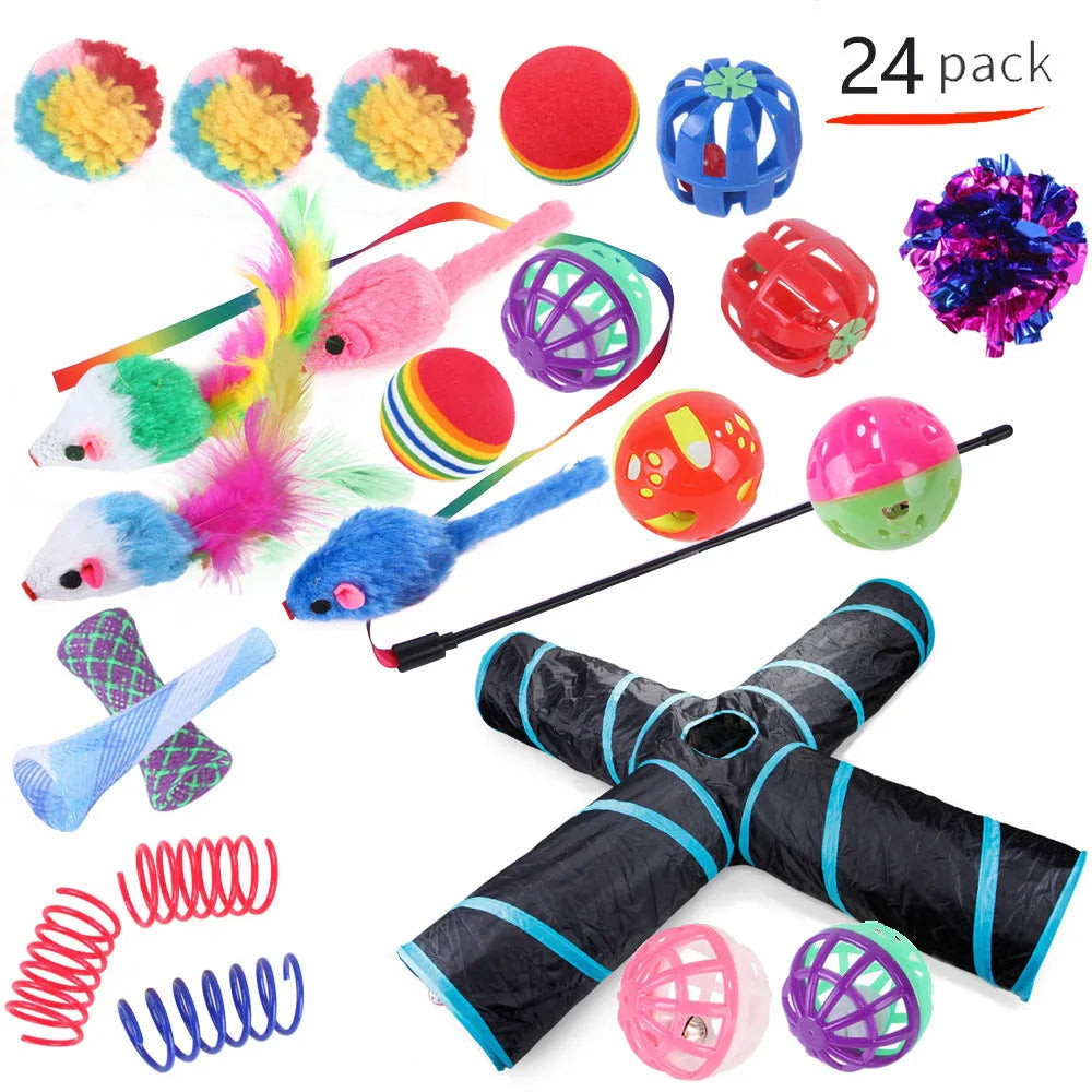 Plastic cat toy channel maze set with coloured accessories for feline play