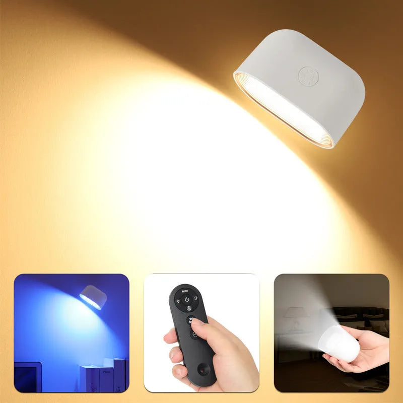 Oval white remote touch magnetic wall lamp on a wall with colour changing lights.