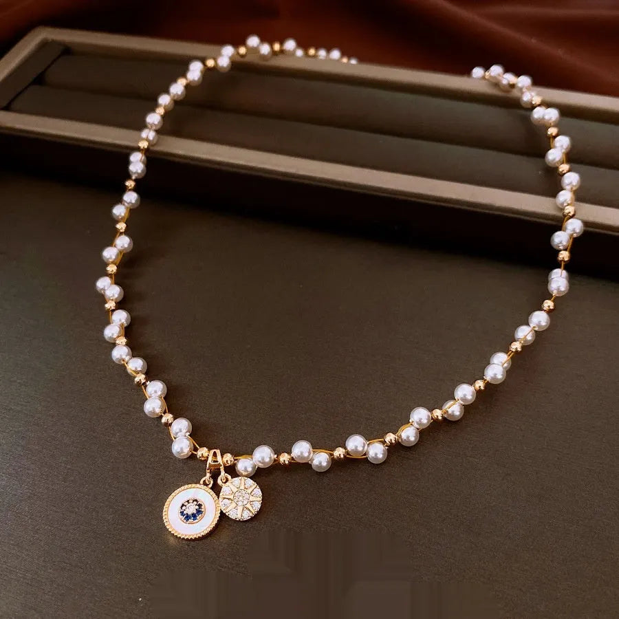 Gold electroplated clavicle necklace with round zircon pearl pendant, adjustable 41-50cm chain