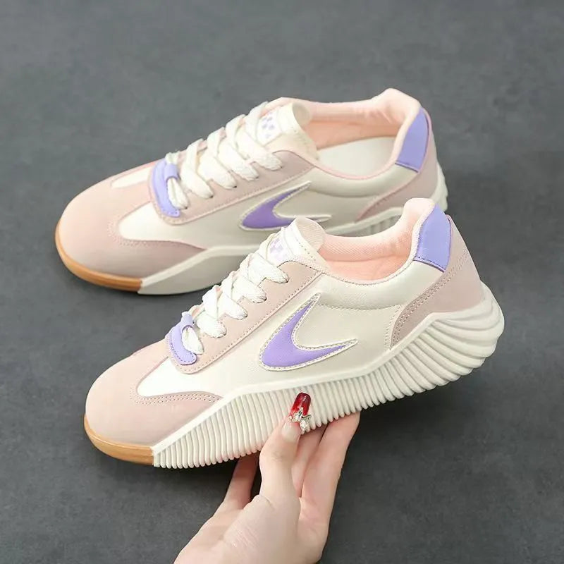 Artificial PU leather casual sneakers with flower pattern, flat heel, round toe, available in beige orange colour