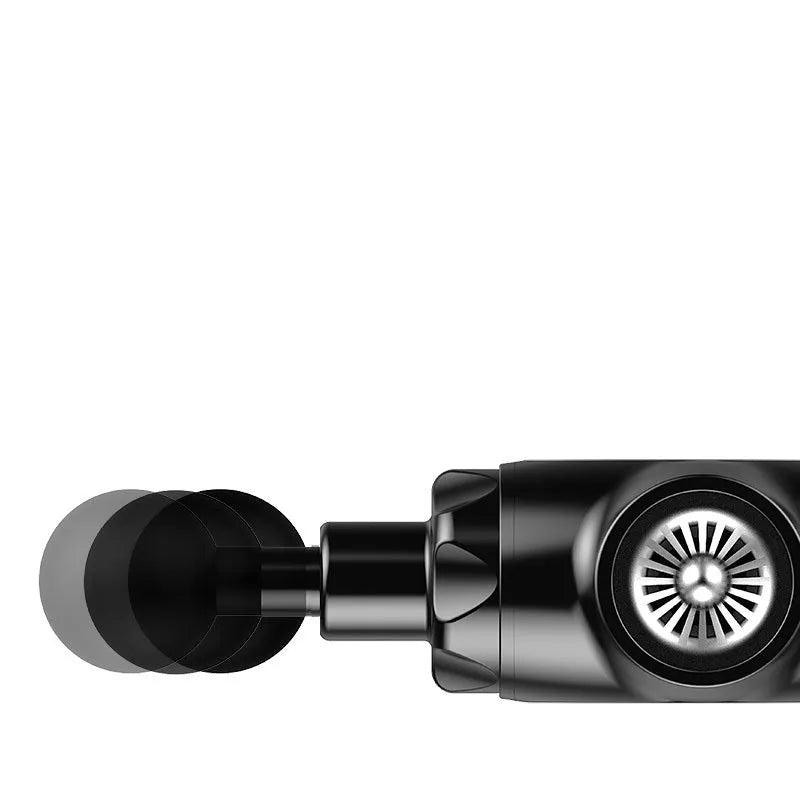 Black and white portable massage gun with adjustable speed control for muscle therapy