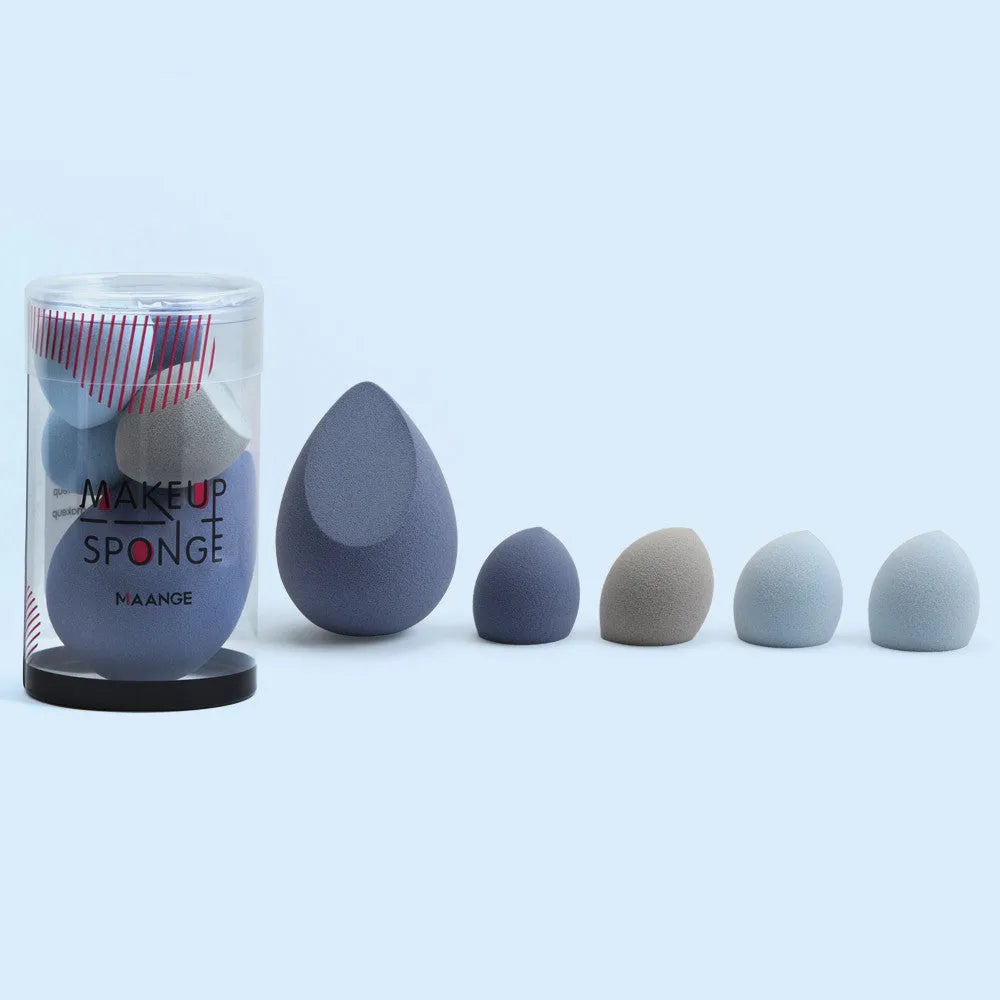 5 pack mini beauty eggs makeup sponges in blue, pink, and purple with multi-surface design