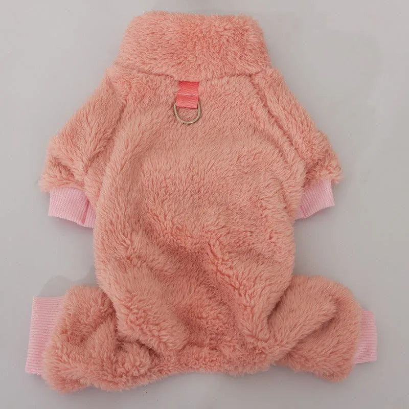 Four-legged dog clothes with double-sided plush fabric and high collar in khaki colour with towing ring attachment