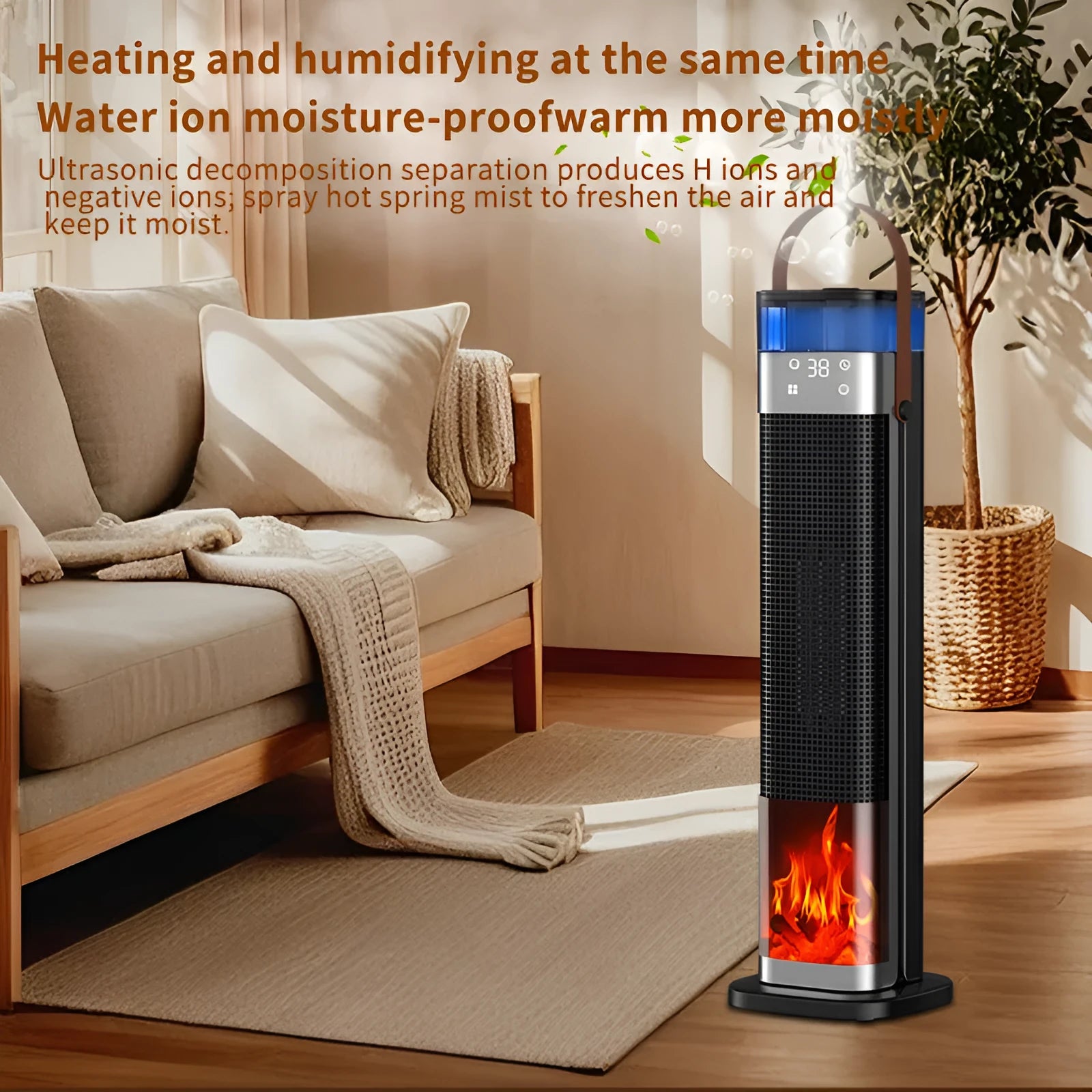 Tall vertical heater with humidifier function in upgraded humidifying remote control colour, dimensions 16x16x52.6cm