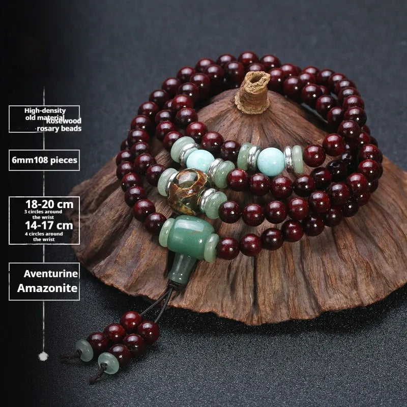 Men's rosewood bead bracelet with 108 beads, shown in a choice of lapis lazuli, turquoise, or red agate styles.