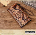 Women's retro brown tri-fold leather wallet with an embossed Chinese floral pattern, shown open.