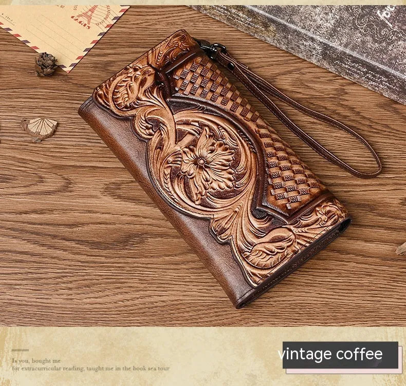Women's retro brown tri-fold leather wallet with an embossed Chinese floral pattern, shown open.