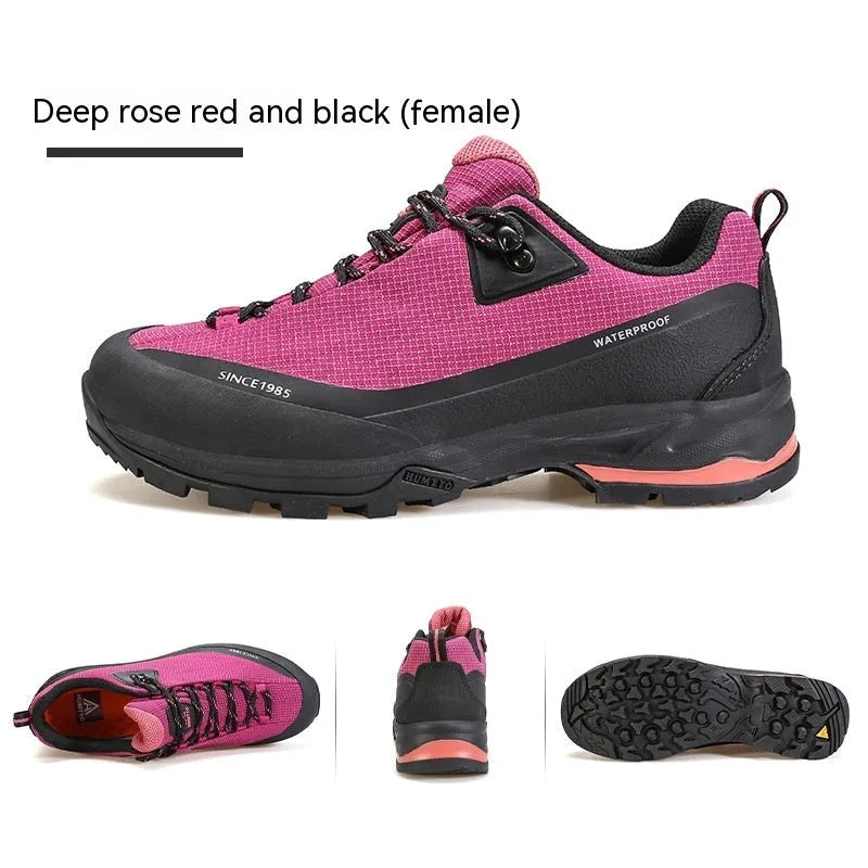 Low-top hiking boots in various colours with non-slip rubber soles and leather mesh upper