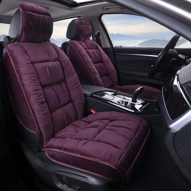 Winter short plush car seat cushion set in grey, showing wool cotton filler and polyester cover.