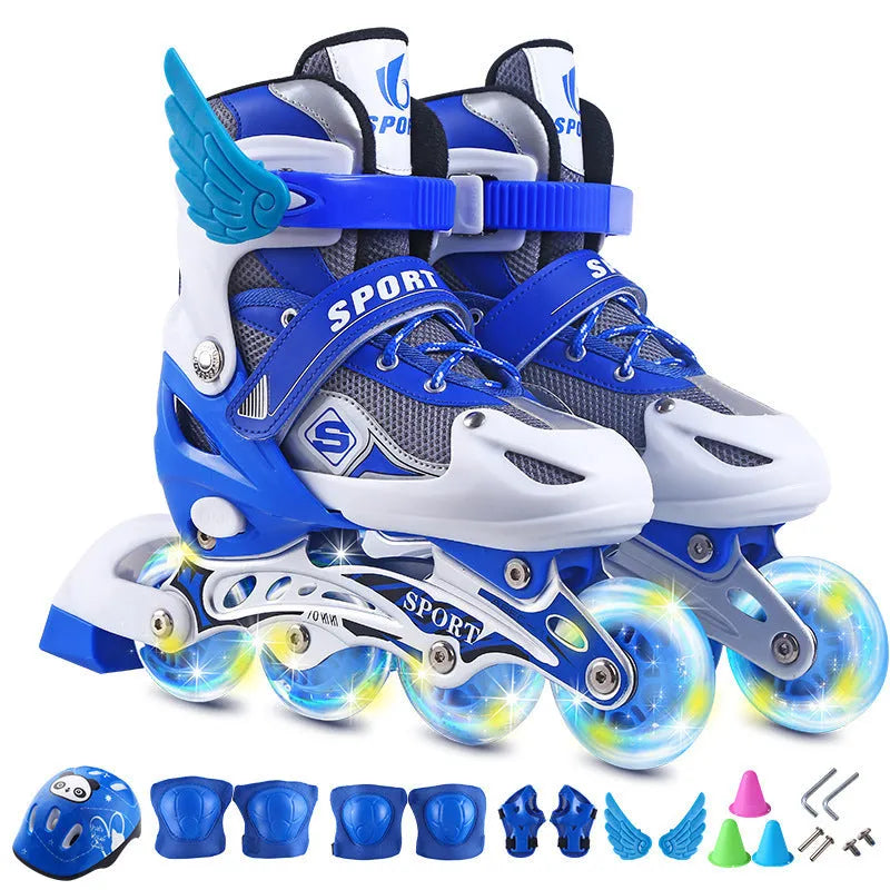 Children's inline skates with adjustable sizing, PVC wheels, and PU mesh upper in blue and white colourway