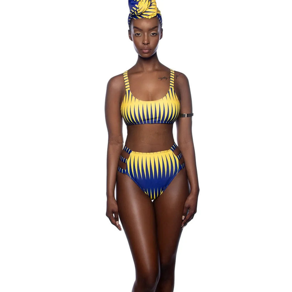 Split high waist bikini in picture colour with chest pad, quick-dry polyester fabric, sizes S M L