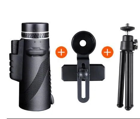 Black HD monocular telescope with 40x magnification and 60mm objective lens for smartphone photography