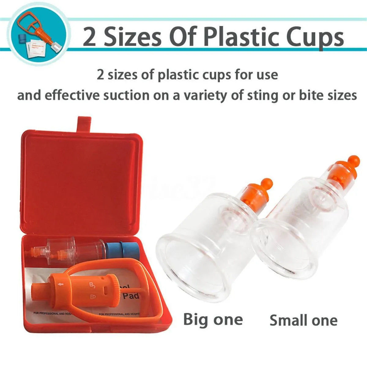 Orange portable venom extractor first aid kit with suction pump, two cups, tourniquet, and swabs laid out.