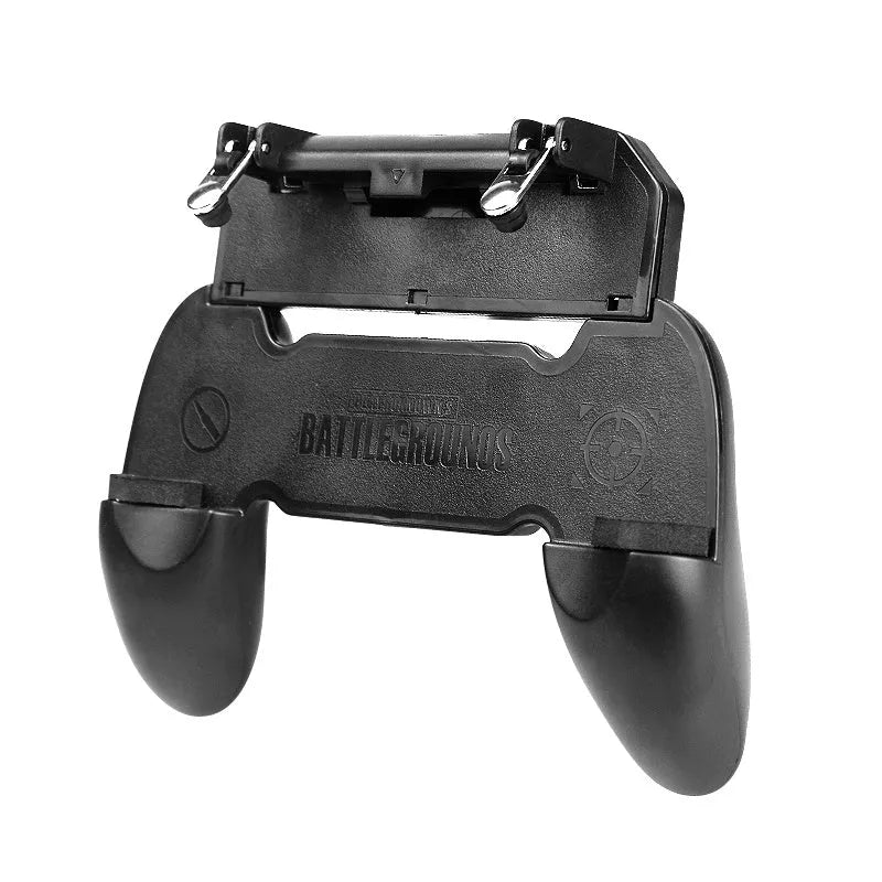 Black mobile phone gamepad controller with plug-in cable and handheld grip