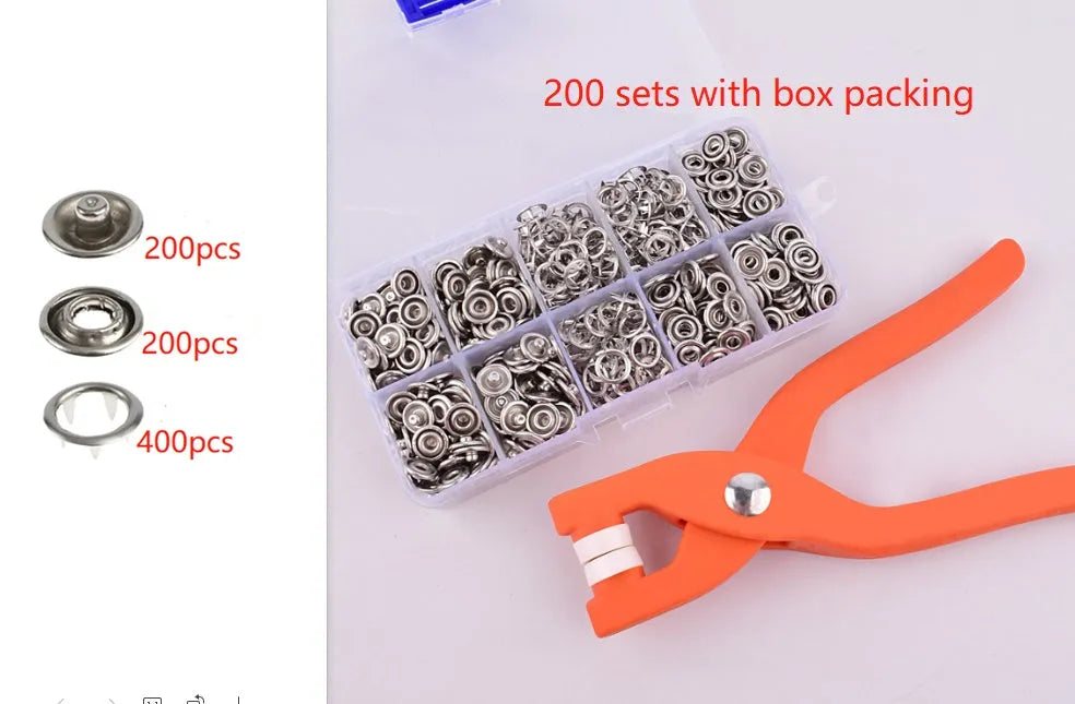 Stainless steel five claw suit buttons with pliers for no-sew clothing fastening on children's garments