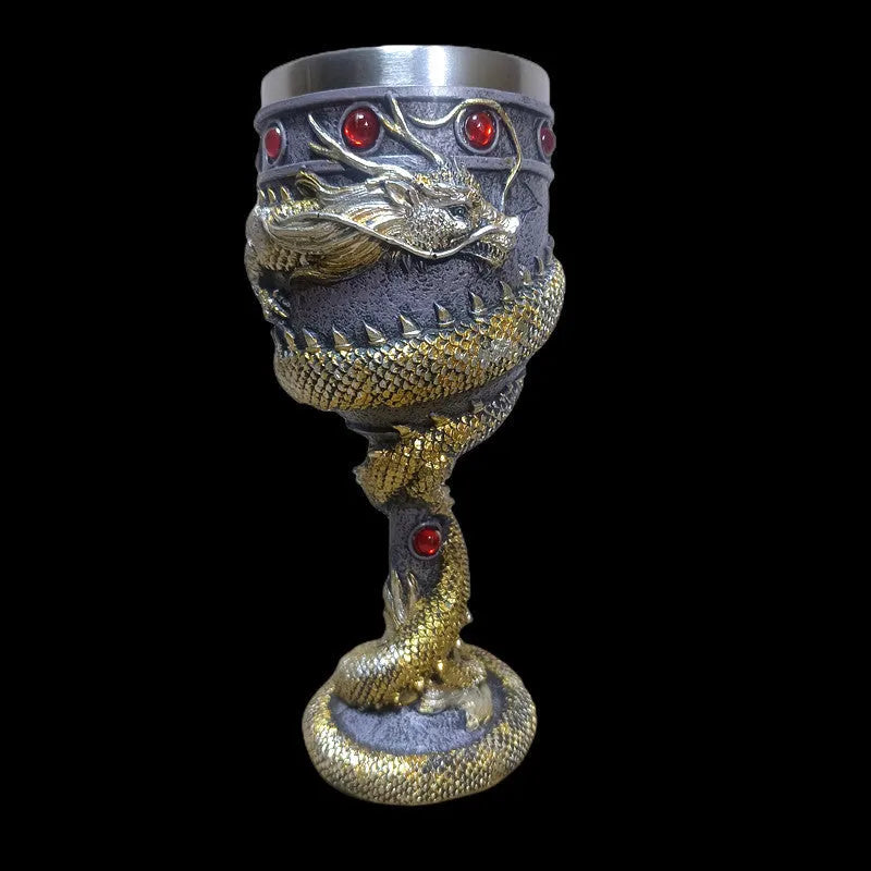 Gold and red Chinese dragon design wine glass with stainless steel stem and 200ml capacity
