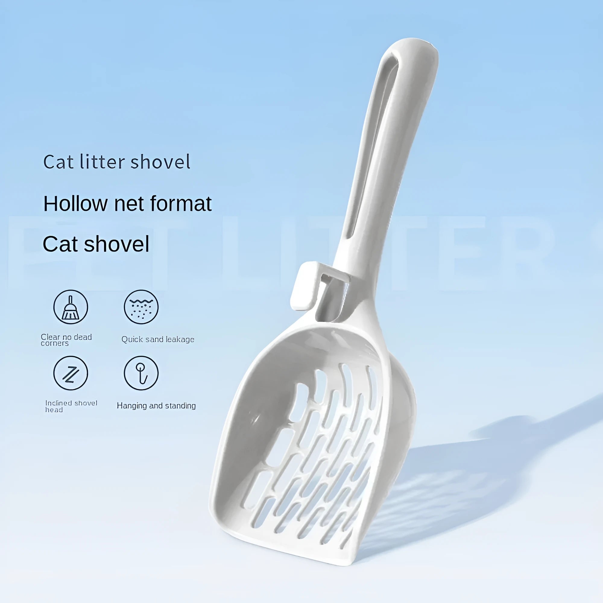 Grey plastic cat litter scoop with self-cleaning base and attached storage bin.