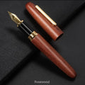 Wooden fountain pen with rotating cap showing choice of ebony, rosewood and tiger ebony finishes