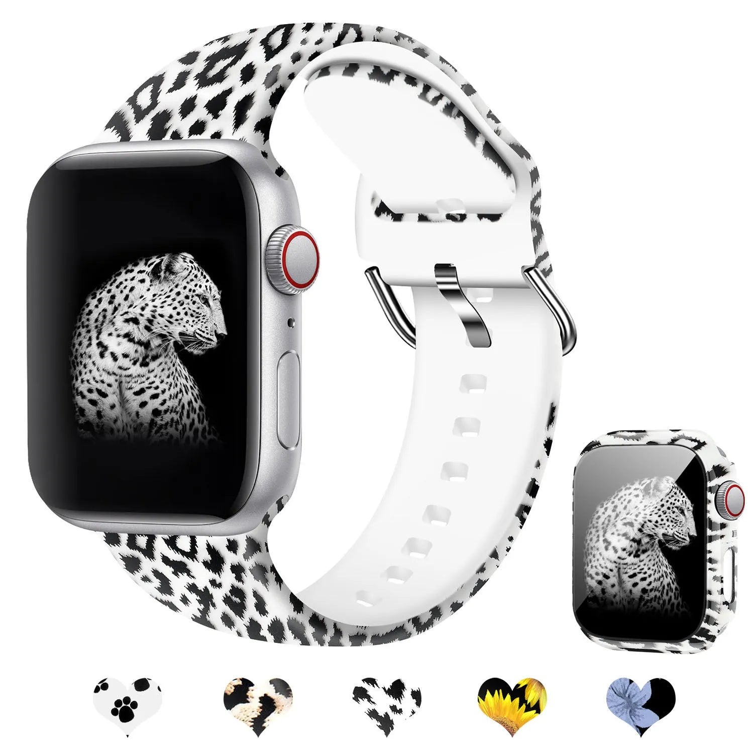 Printed silicone replacement strap for Apple iWatch models showing multiple design options and size selections.