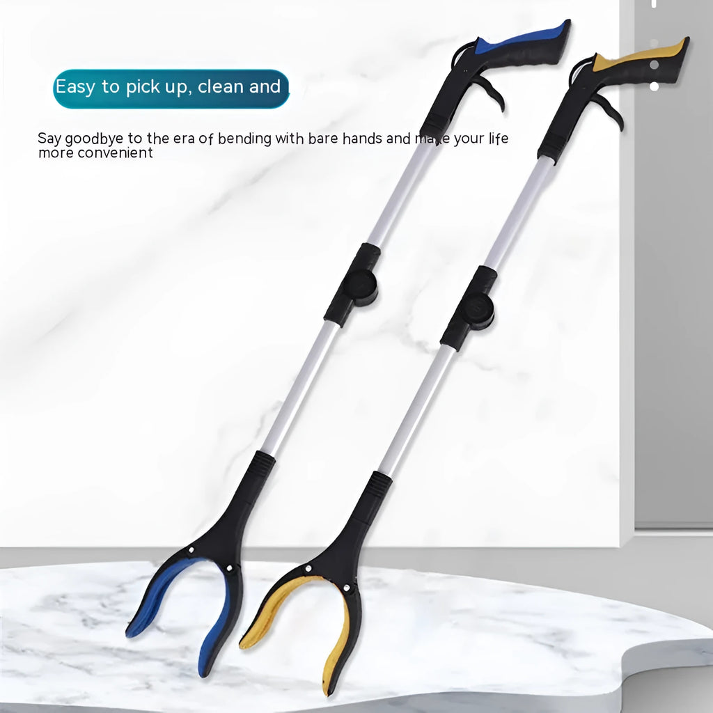 Folding aluminium rubbish clamp with magnetic tip, shown extended and collapsed, with blue handle option.