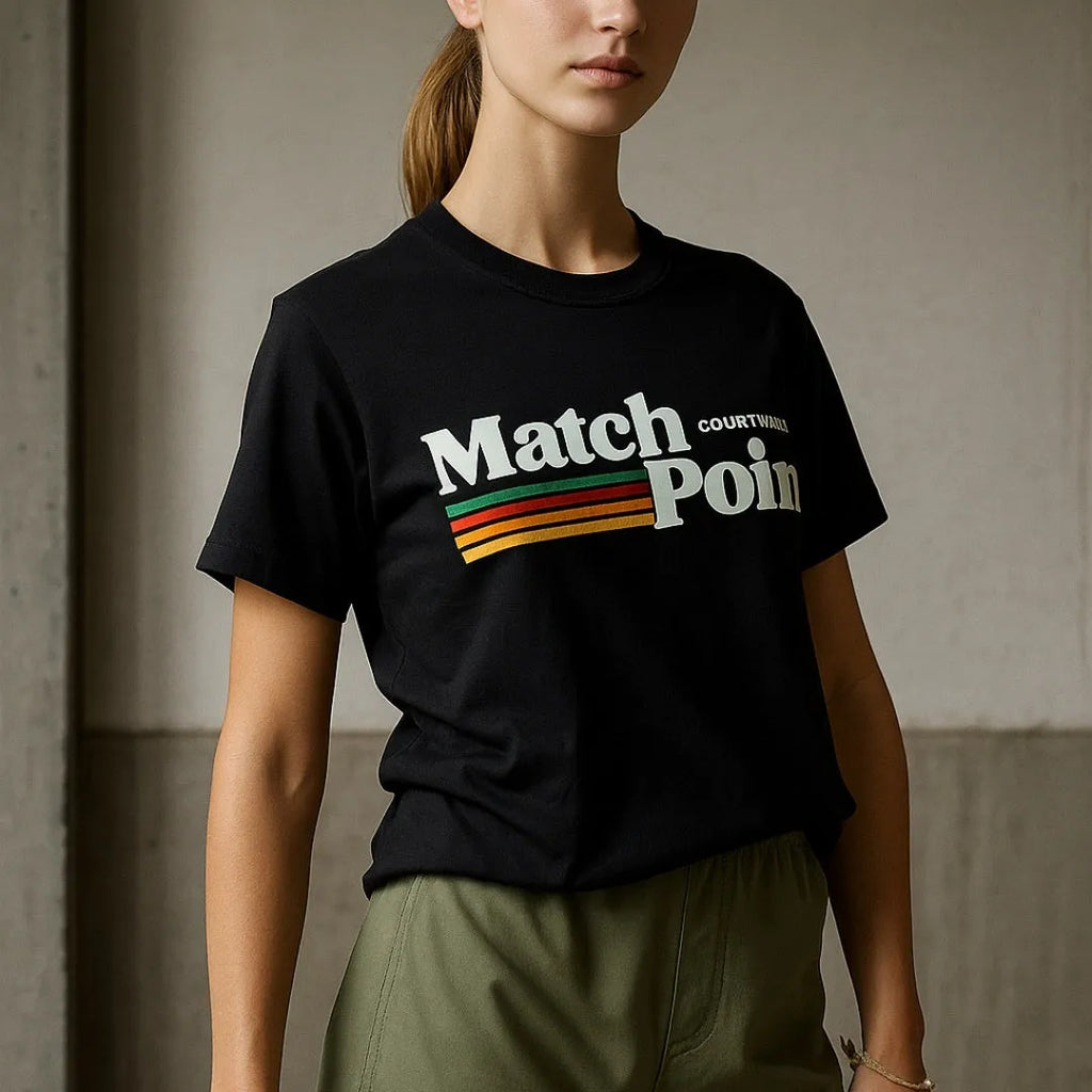 Black men's T-shirt with 3D digital printed text pattern, short sleeves, and round neck.