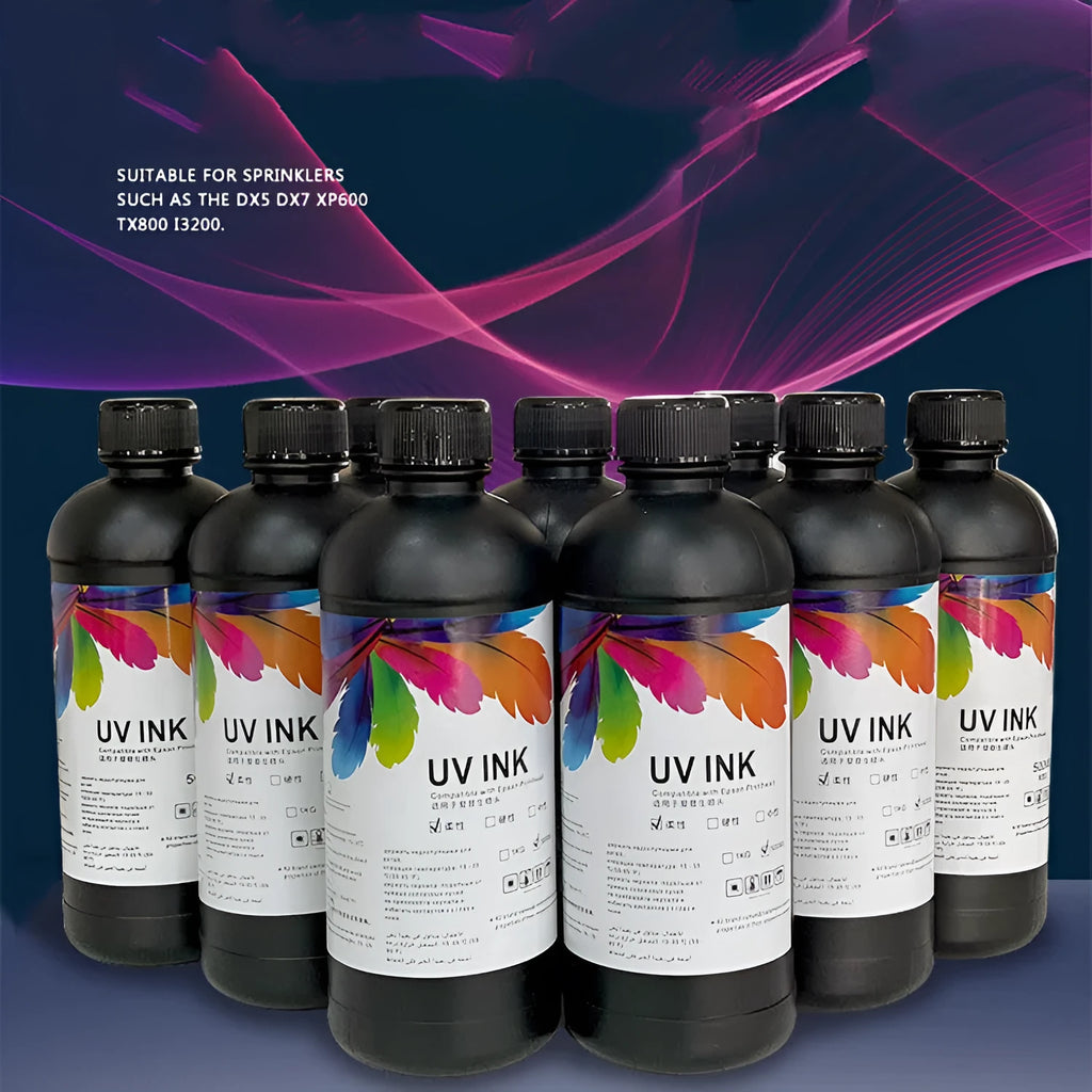 500ml bottle of Epson UV printer ink for XP600 TX800 F186000 F189000 models, showing colour options.