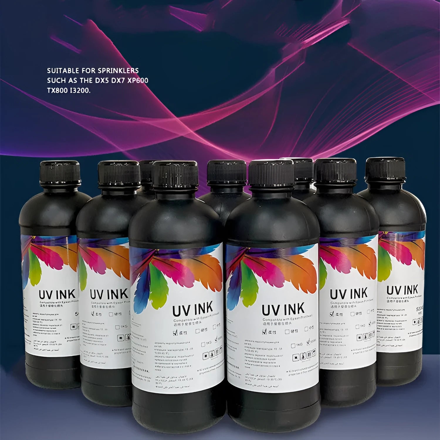 500ml bottle of Epson UV printer ink for XP600 TX800 F186000 F189000 models, showing colour options.
