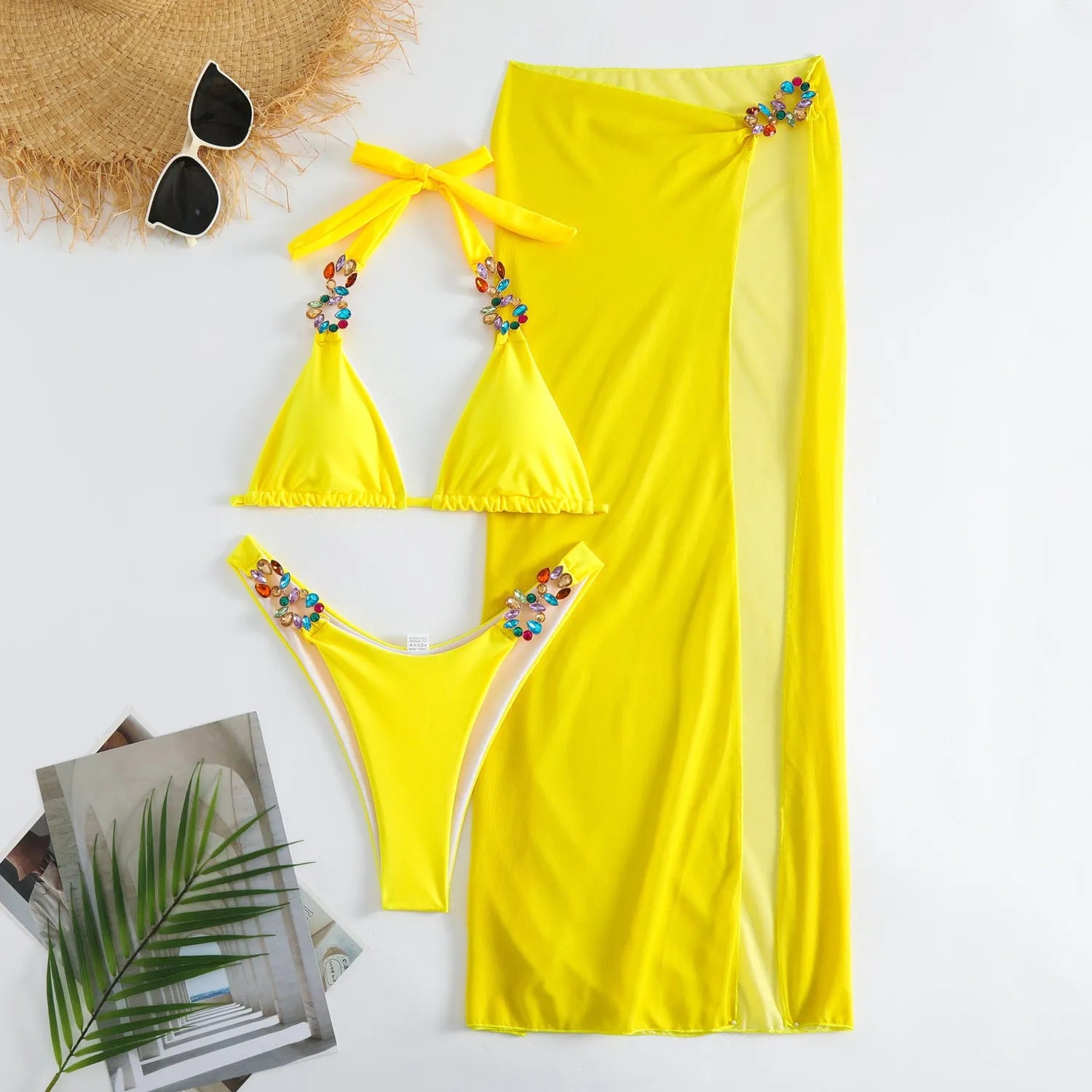Light diamond mesh three piece swimsuit bikini with long skirt in Rose Red or Yellow