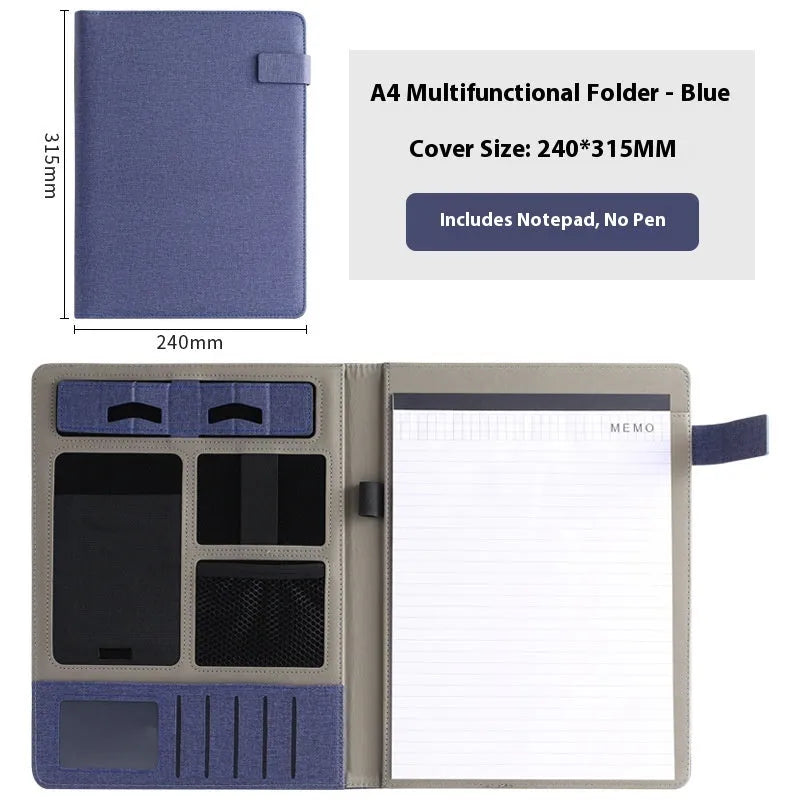 Black leather A4 business folder with pen holder and notepad accessories