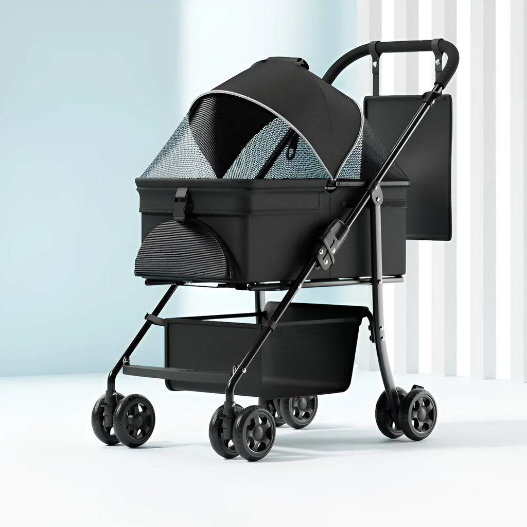 Black folding pet cart with detachable design and metal construction showing large capacity interior
