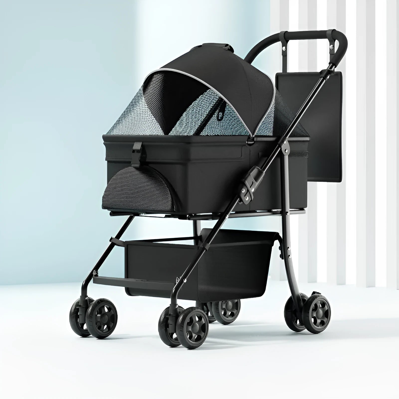 Black folding pet cart with detachable design and metal construction showing large capacity interior