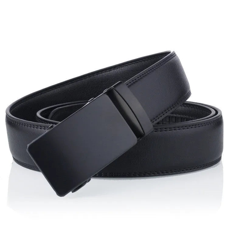 Black sliding buckle men's belt with automatic fastening and iron buckle on neutral background