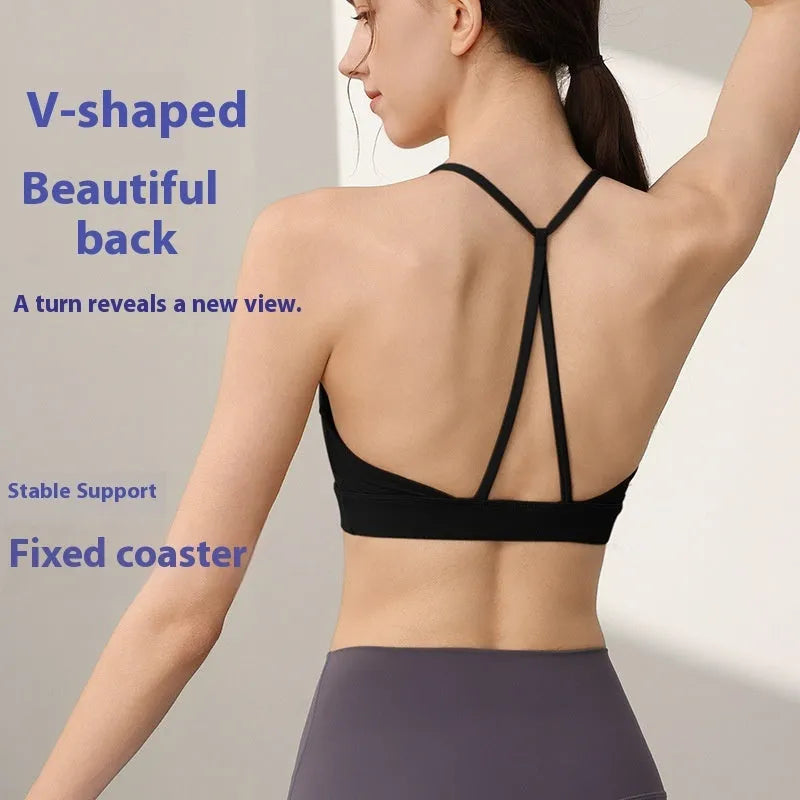 Women's black shockproof sports vest with fixed double-shoulder straps for running and workouts