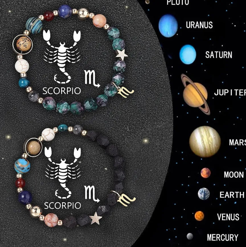 Two natural stone beaded bracelets with metal zodiac sign charms on a white background.