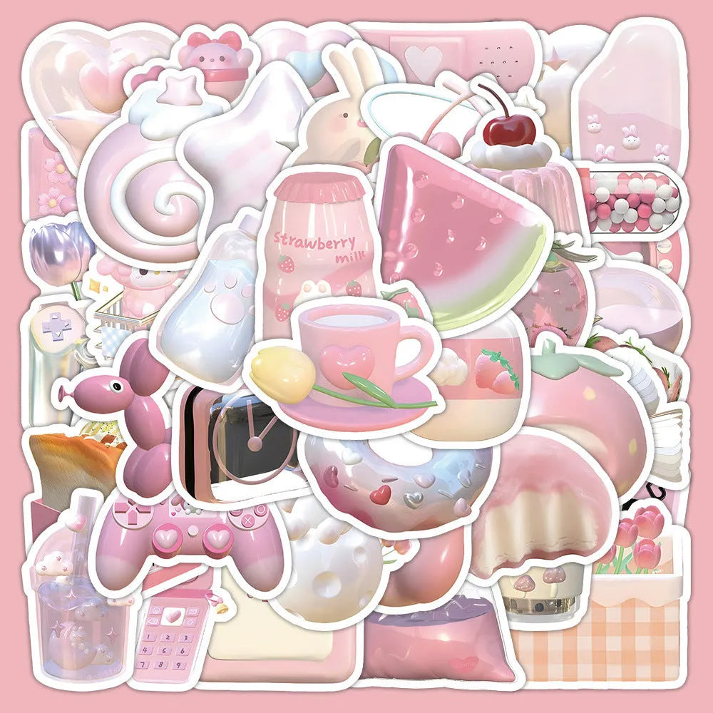 Pink girl heart decorative stickers with realistic 3D appearance in cute style, 63 pieces per pack