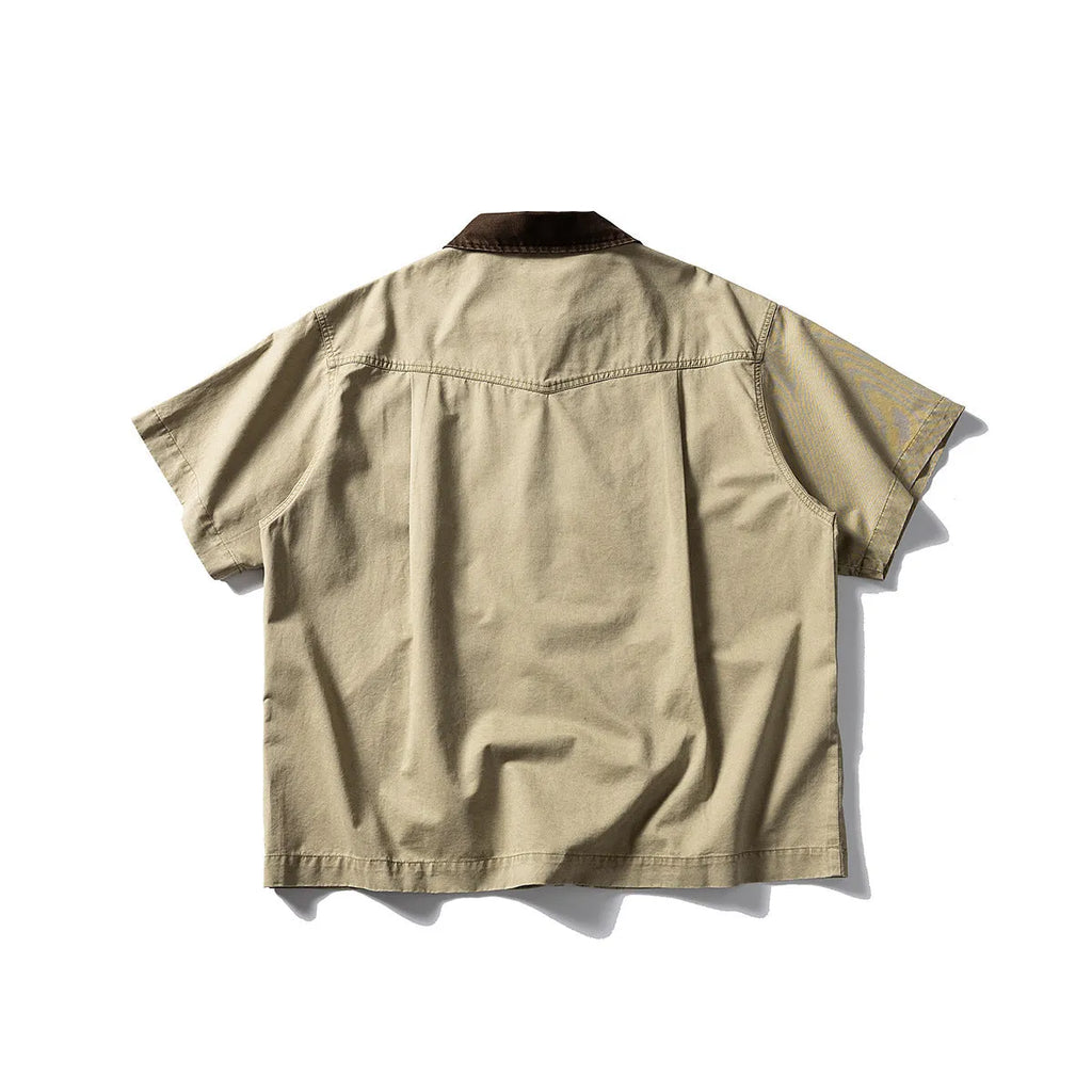 Washed cotton overalls shirt in short sleeve cardigan style, khaki colour, loose fit