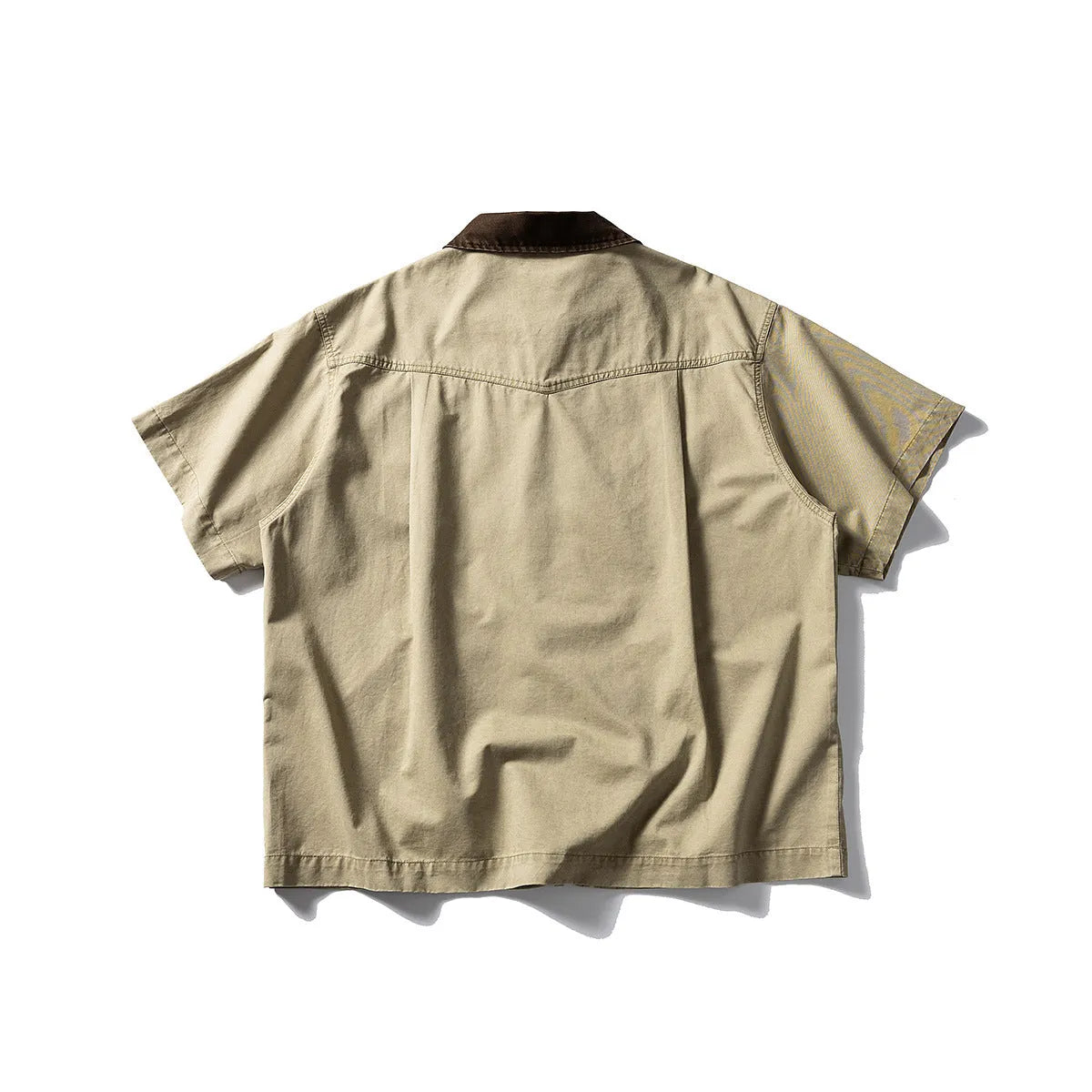 Washed cotton overalls shirt in short sleeve cardigan style, khaki colour, loose fit
