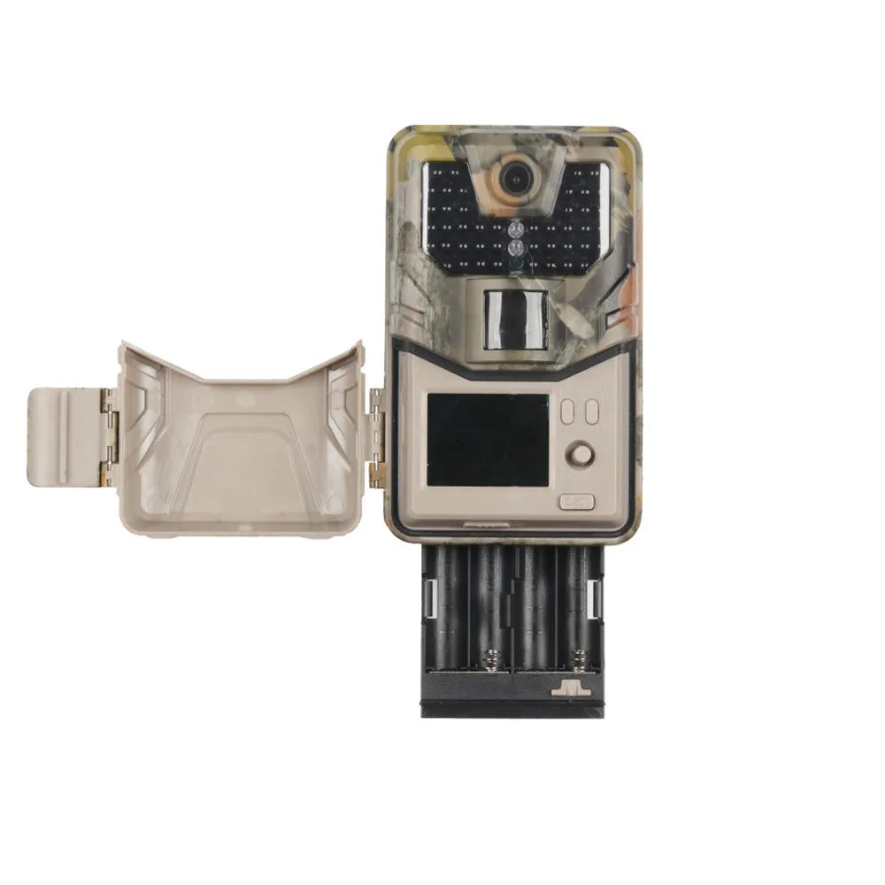 Camouflaged outdoor hunting camera with infrared LEDs, showing compact size for discreet placement.