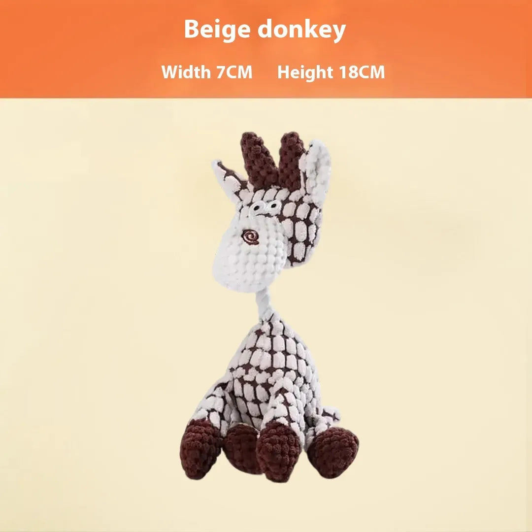 Assortment of soft plush pet toys including a rechargeable duck, a donkey, and companion animals for puppy teething.