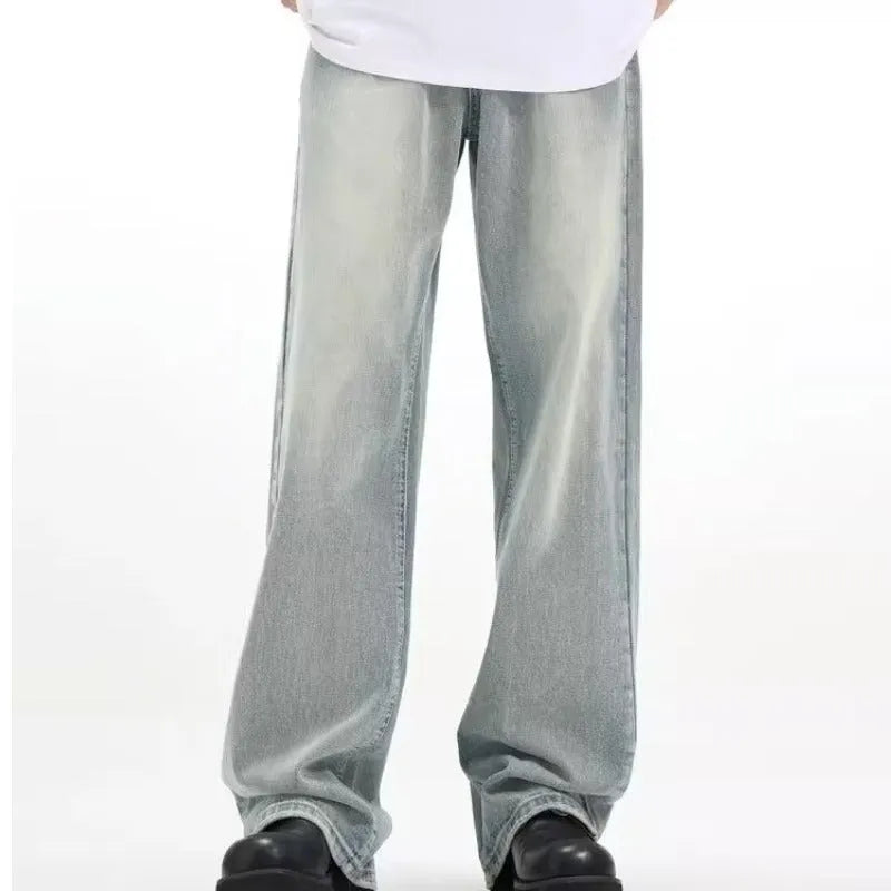 Blue retro casual trousers made from rabbit fur fabric with loose fit and high elasticity