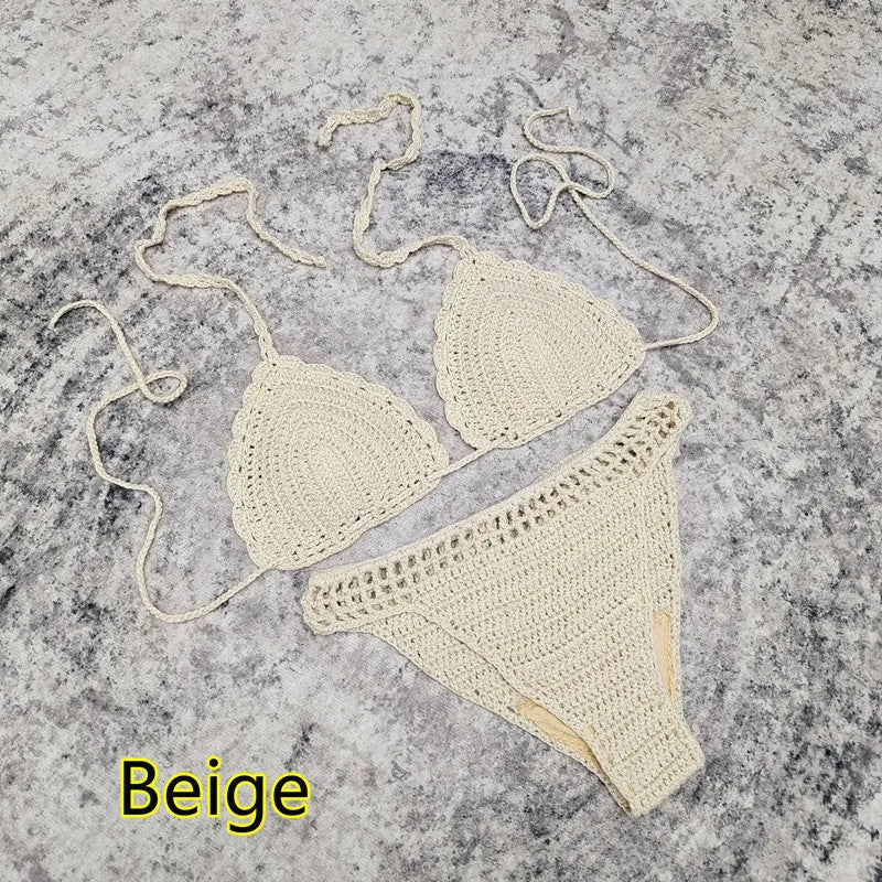 Women's 3-piece crochet bikini swimsuit set in a choice of colours on a mannequin.