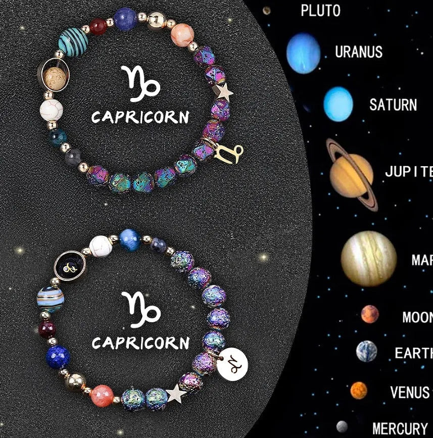 Two natural stone beaded bracelets showing different zodiac sign charms on an adjustable cord.
