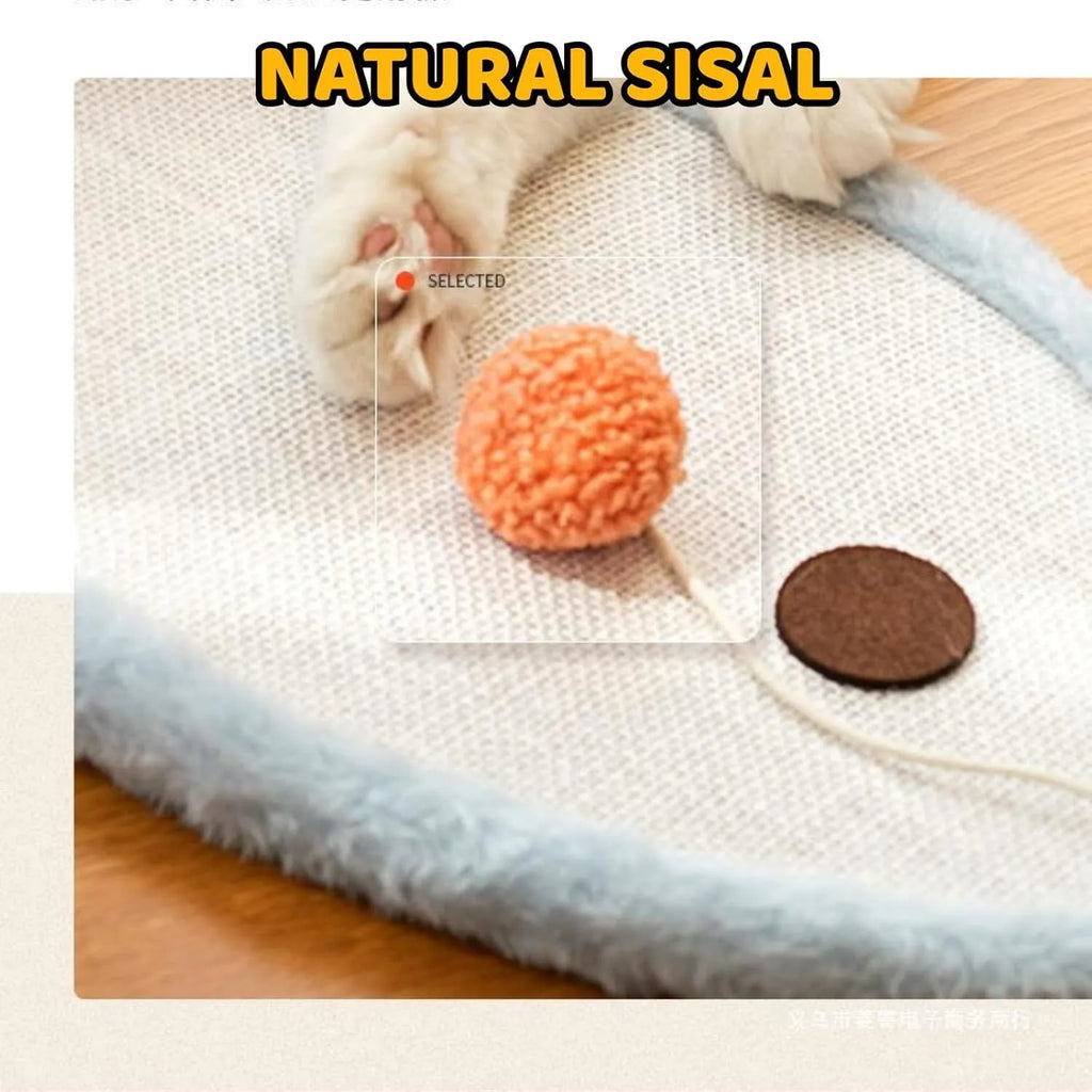 White natural sisal cat scratching mat with cartoon sleeping cat design, wall mounted